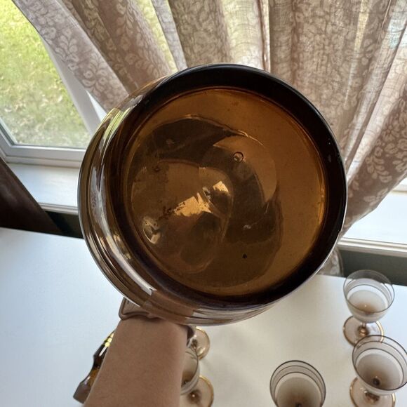 7 Pc. Vtg Bohemian Crystal Frost Amber Glass Gold Embossed Decanter Set Stemware - Picture 14 of 15